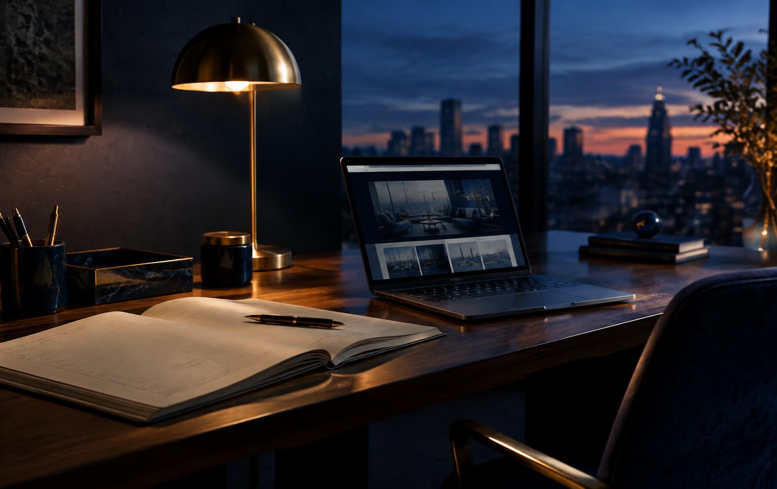 Executive desk with ledger and laptop at dusk